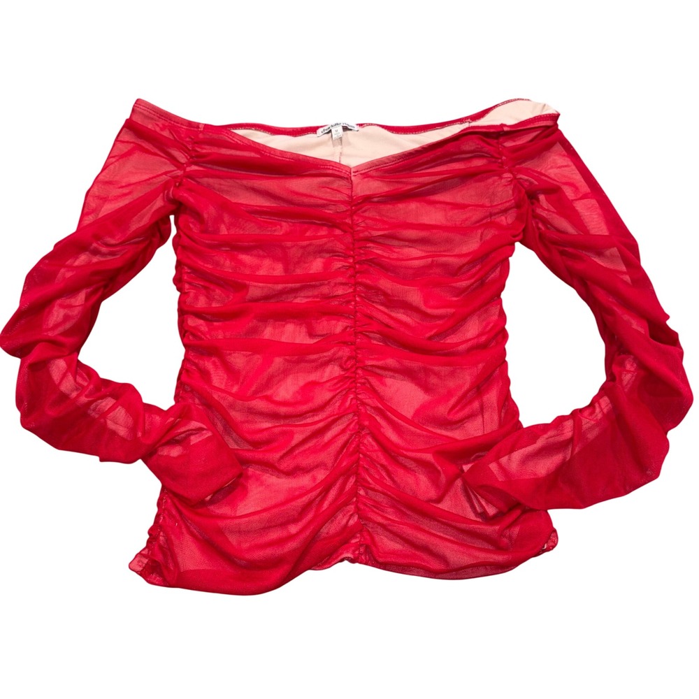 Vintage Y2K Mesh Top Women Medium Red Ruched Off Shoulder Charlotte Russe